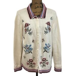 Vintage Haband Cream Multi Embroidered Flowers Cardigan Sweater Women’s L